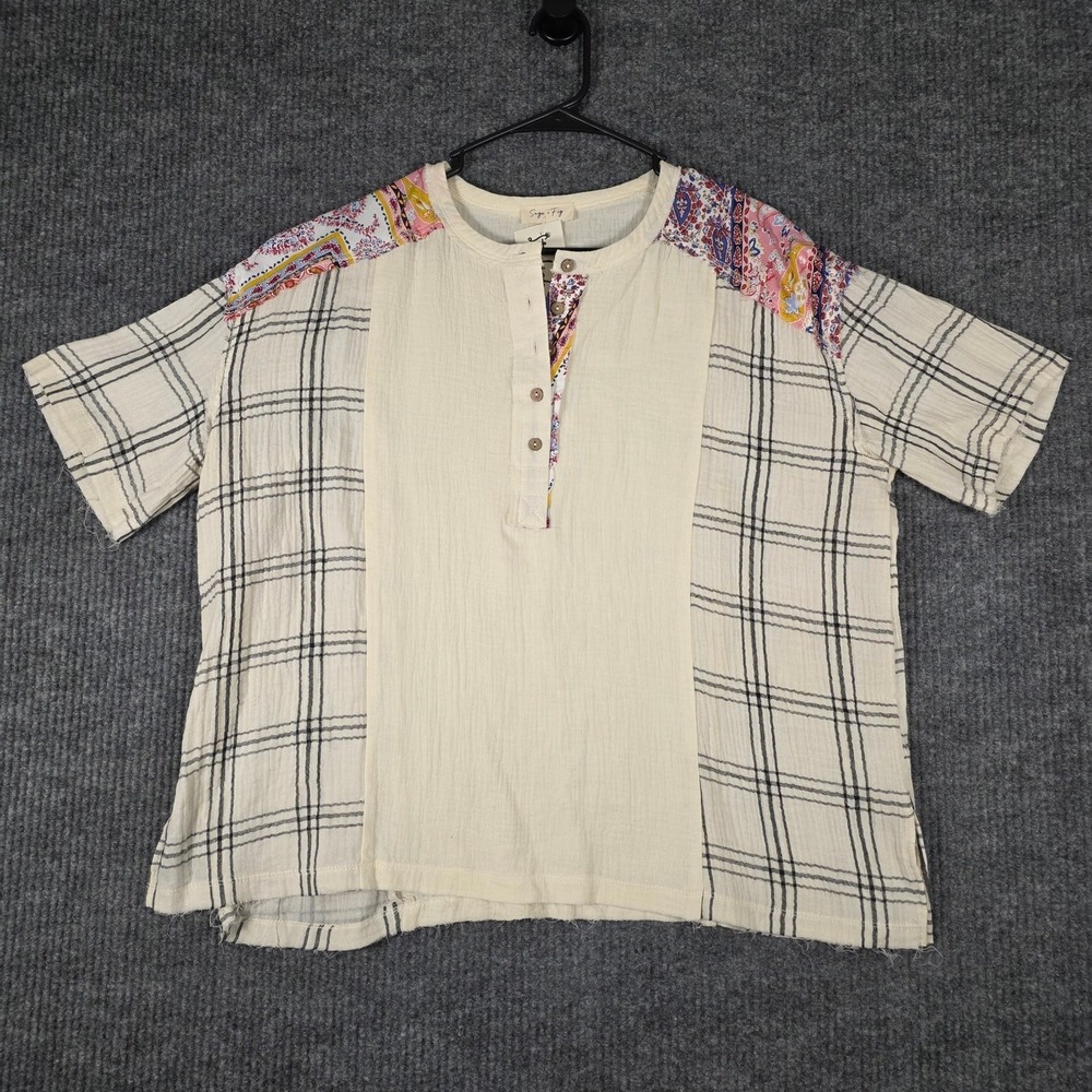 NWT Sage + Fig Top Womens Medium Boho Patchwork‎ Plaid Mixed Print Short Sleeve